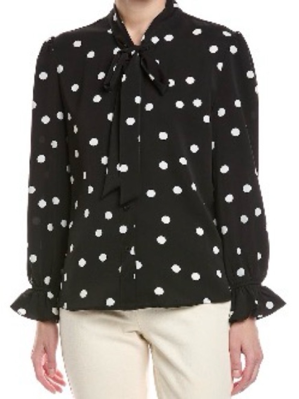 HL Affair Black and White Polka Dot Tie-Neck Blouse